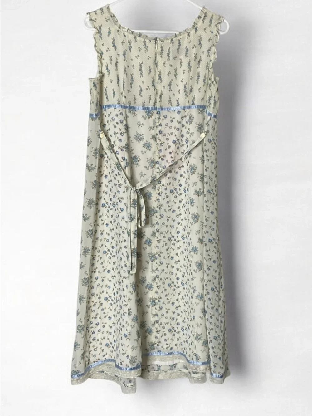 Vintage Canlemon Floral Midi Dress Cottagecore Lace Trim Blue White  - Size L